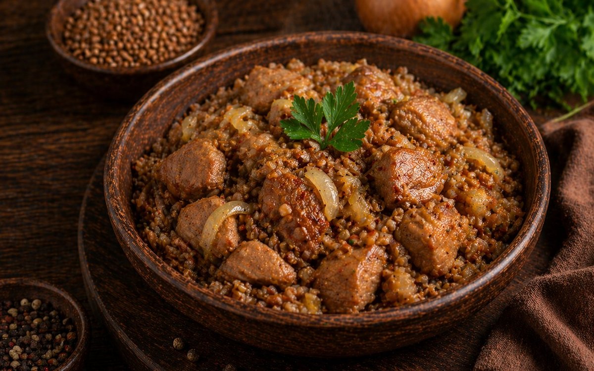 Свинина тушёная с гречкой и луком