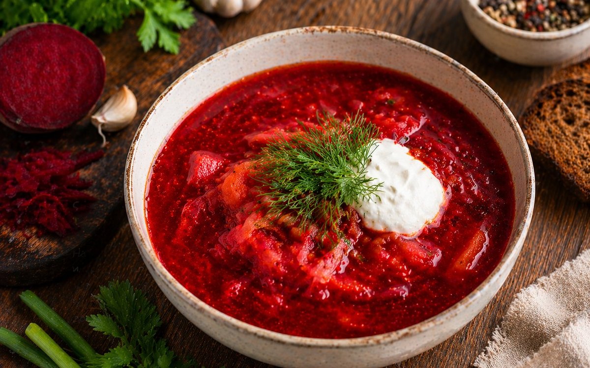 Борщ со сметаной и зеленью